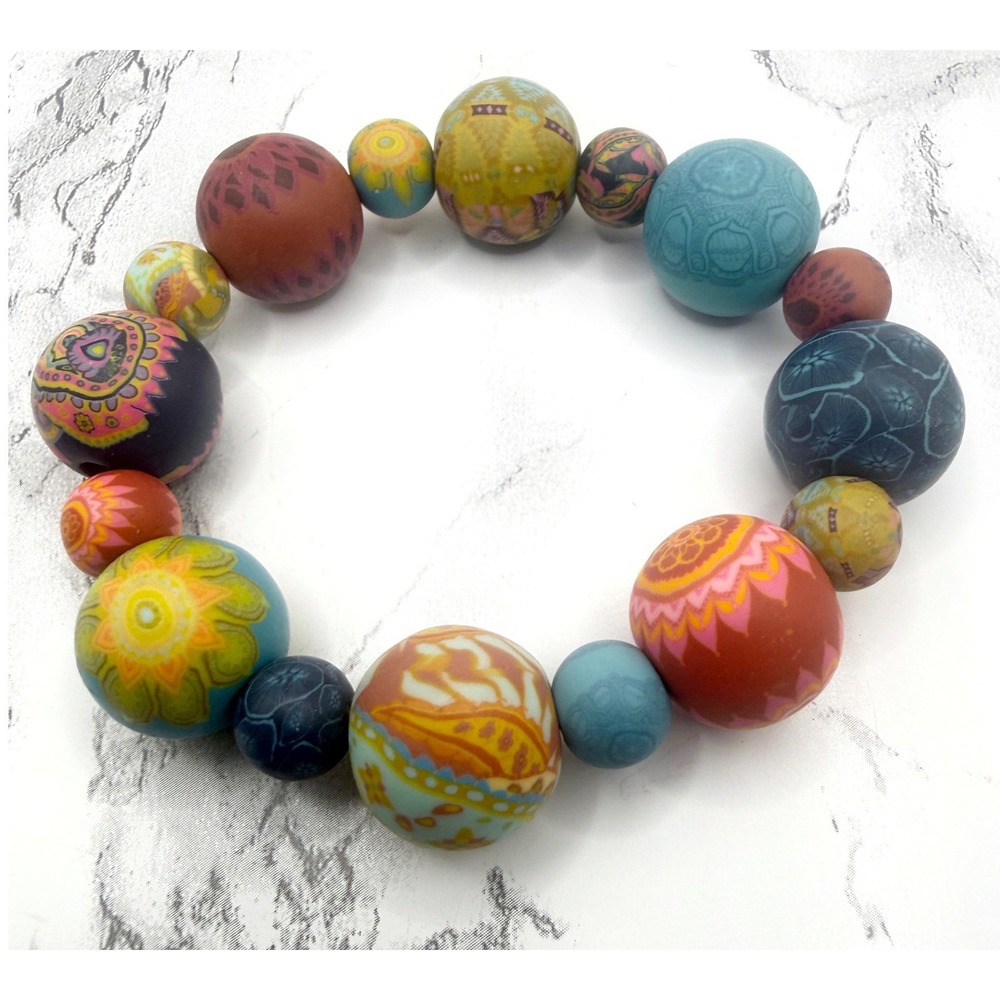 Chunky Hand Painted Polymer Clay Stretch Bracelet Colorful Boho Artisan 9"